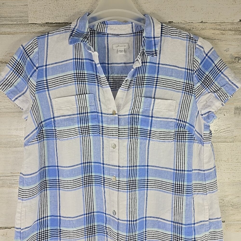 J. Jill Love Linen Plaid Full Button Up Shift‎ Dress WOMEN'S SIZE MEDIUM PETITE. - Picture 4 of 16